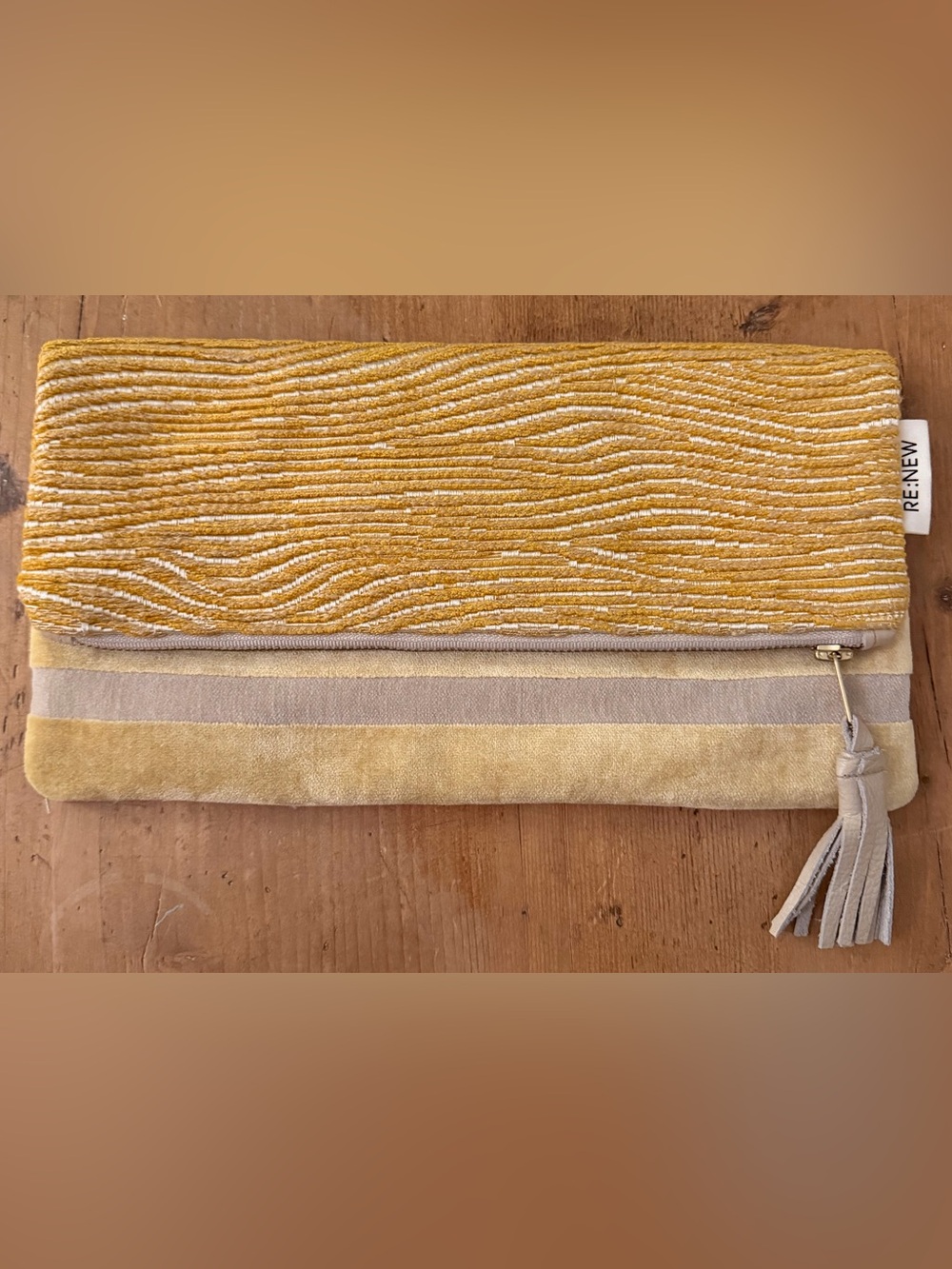Moma Mustard Yellow and Beige Foldover Tassel Clutch